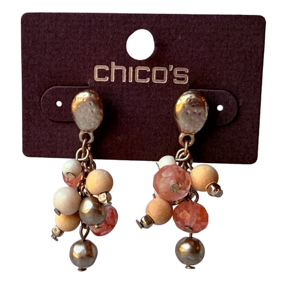 Vtg Y2K Chico’s Pink Neutral Bead‎ Cluster Drop Earrings Silver Modern Style NOS